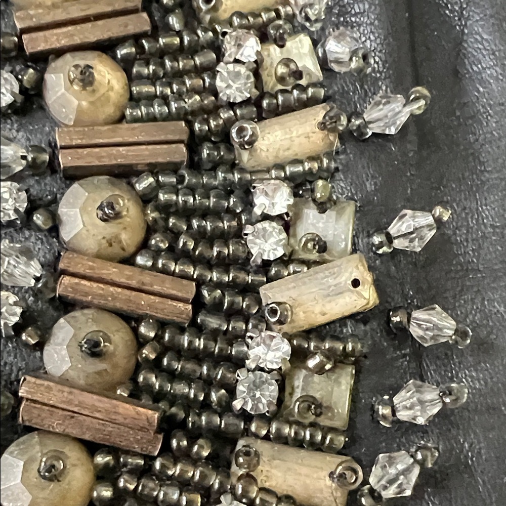 Vintage Cleobella Black and Gold Beaded Fringe Drawstring Leather Wristlet - Picture 8 of 11
